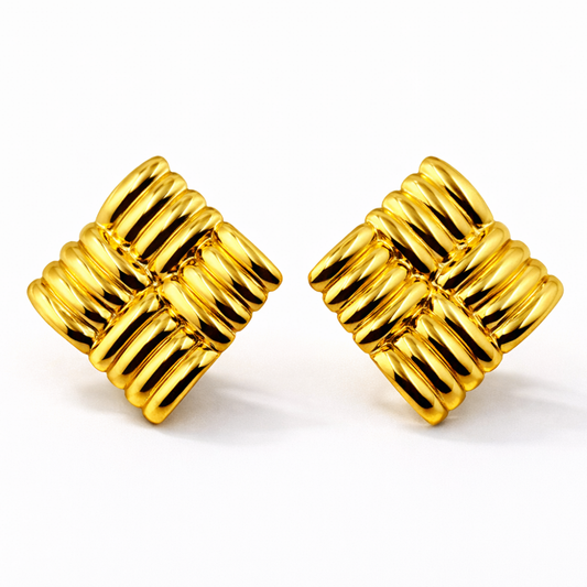 Ribbed Square Stud Earrings in Gold Tone
