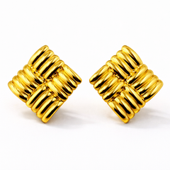 Ribbed Square Stud Earrings in Gold Tone