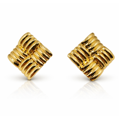 Ribbed Square Stud Earrings in Gold Tone