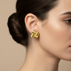 Ribbed Square Stud Earrings in Gold Tone