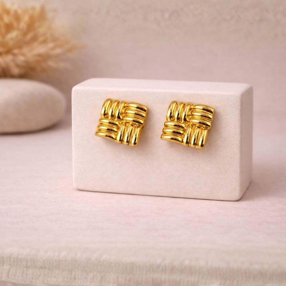 Ribbed Square Stud Earrings in Gold Tone