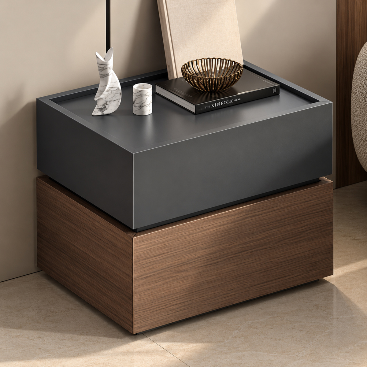 Modern Luxury Bedside Table with Dual-Tone Finish – Engineered Wood with PU Paint & PVC Laminate