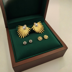 Gold-Tone Statement Earrings – Pair of 3 Combo Pack | Sunburst, Crystal Stud & Floral Design