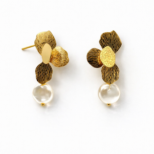 Floral Pearl Drop Earrings in Gold Tone