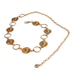 Women's Gold-Toned Geometric Disc Chain Belt | Adjustable Metal Waist Chain with Spiral Texture for Dresses & Sarees