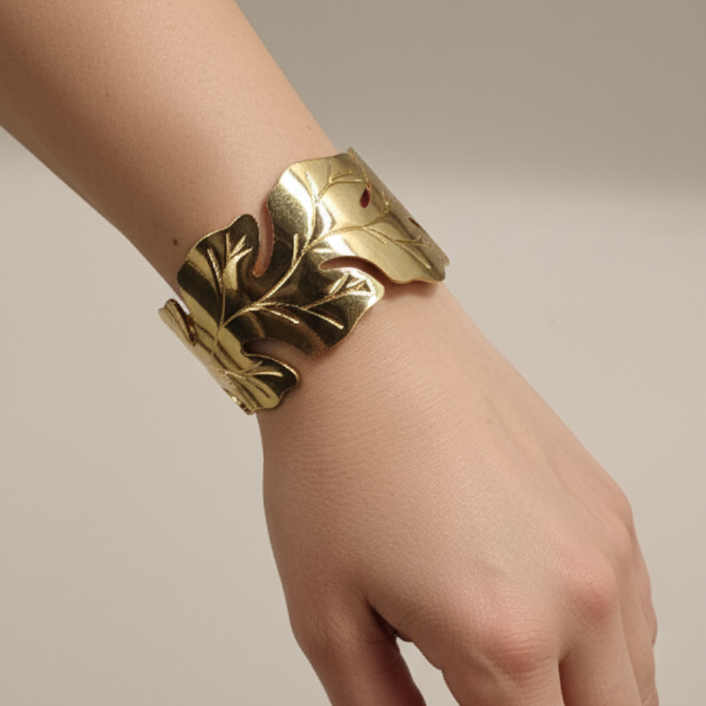 Golden Leaf Motif Cuff Bracelet (Gold Tone)