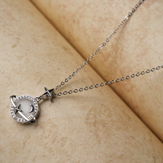 Silver-Tone Pavé Saturn Planet Necklace