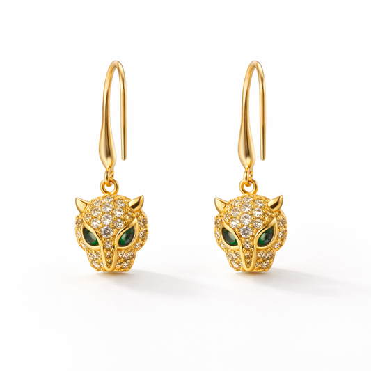 Crystal Leopard Head Drop Earrings in Gold Tone