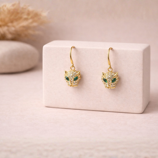 Crystal Leopard Head Drop Earrings in Gold Tone