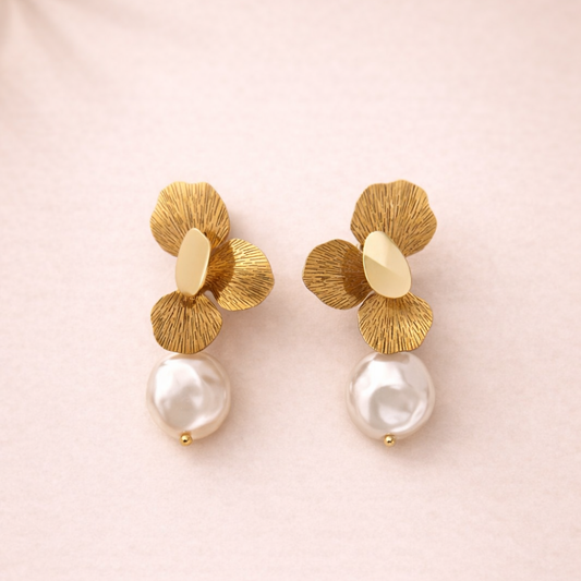 Floral Pearl Drop Earrings in Gold Tone