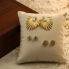Gold-Tone Statement Earrings – Pair of 3 Combo Pack | Sunburst, Crystal Stud & Floral Design