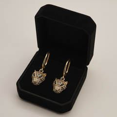 Crystal Leopard Head Drop Earrings in Gold Tone