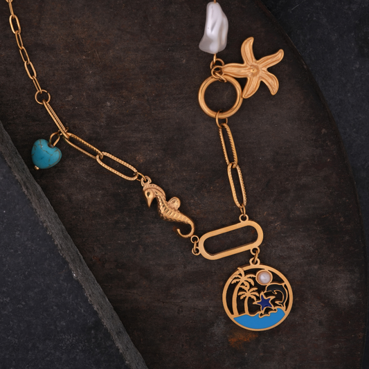 Gold-Tone Ocean Charm Necklace with Enamel and Pearl Accents