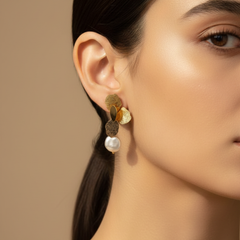 Floral Pearl Drop Earrings in Gold Tone