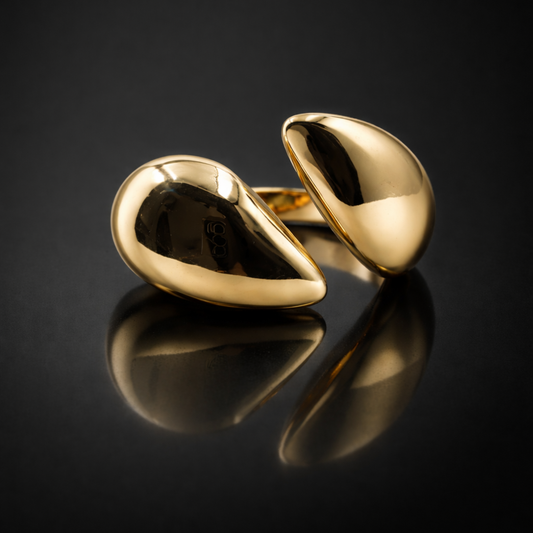 Gold-Tone Dual Drop Statement Ring – Sculptural High-Polish