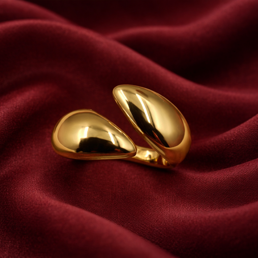 Gold-Tone Dual Drop Statement Ring – Sculptural High-Polish