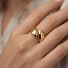 Gold-Tone Dual Drop Statement Ring – Sculptural High-Polish
