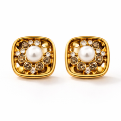 Classic Pearl & Crystal Stud Earrings in Gold Tone