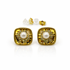 Classic Pearl & Crystal Stud Earrings in Gold Tone