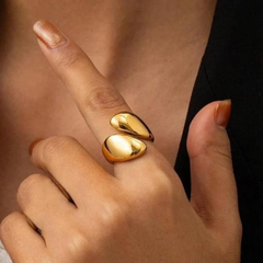 Gold-Tone Dual Drop Statement Ring – Sculptural High-Polish