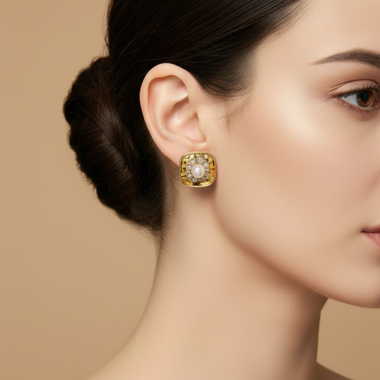 Classic Pearl & Crystal Stud Earrings in Gold Tone