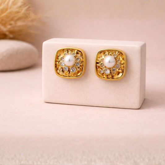 Classic Pearl & Crystal Stud Earrings in Gold Tone