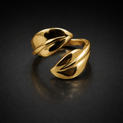 Gold-Tone Dual Leaf Statement Ring – Sculptural High-Polish