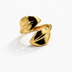 Gold-Tone Dual Leaf Statement Ring – Sculptural High-Polish