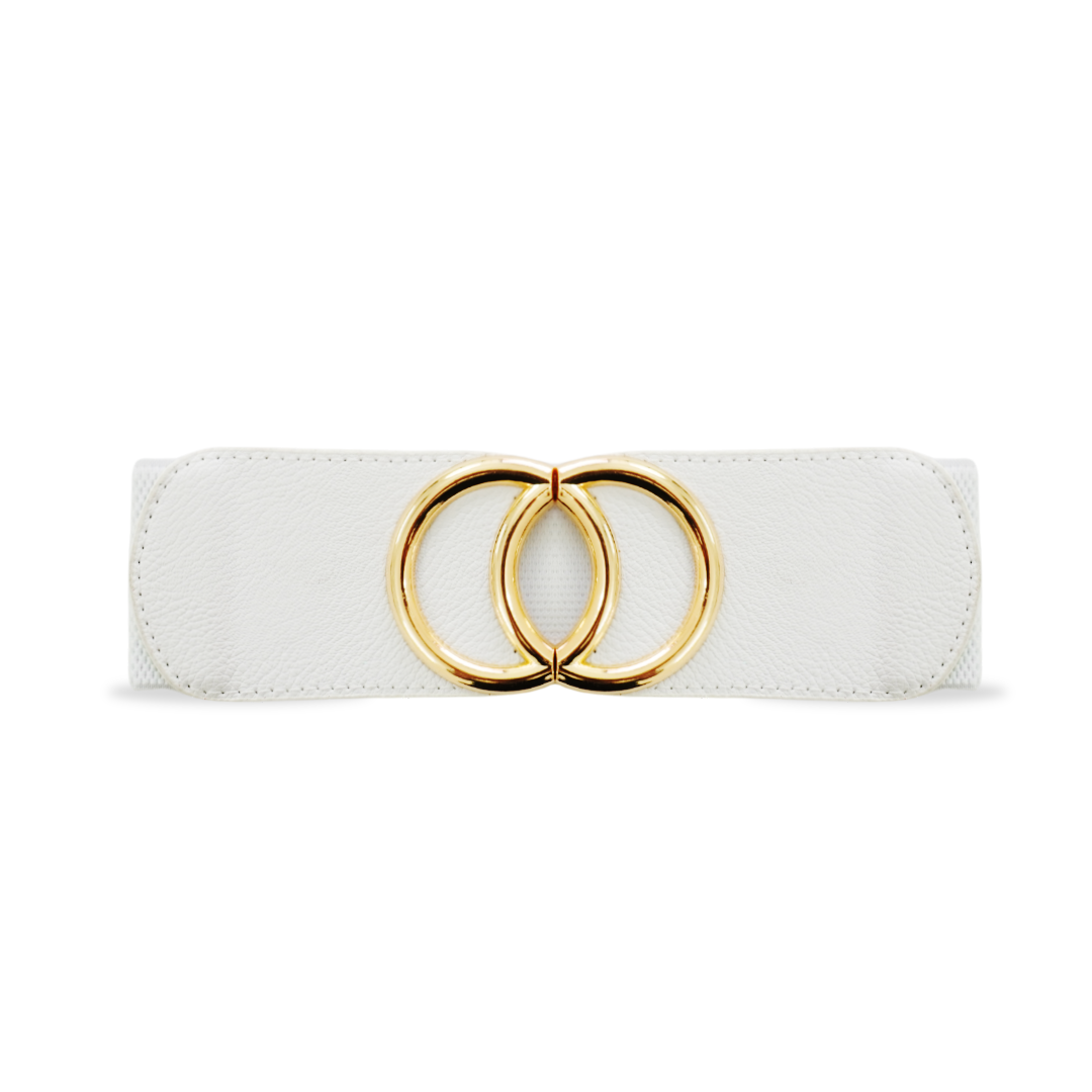 Designable White Belt with Double-Ring Gold Buckle