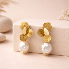 Floral Pearl Drop Earrings in Gold Tone