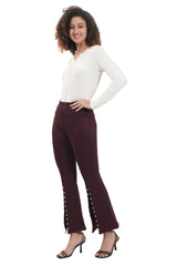 High Waist Slit Flare Jegging with Pearl-embellished (Wine color)