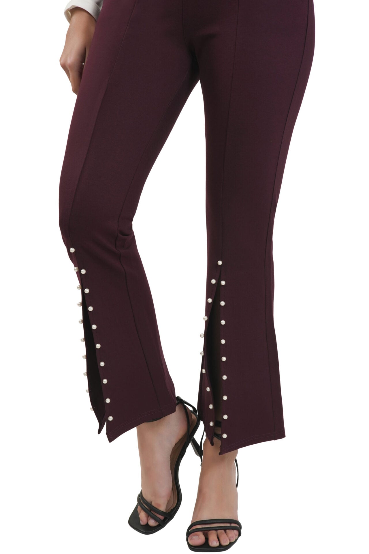 High Waist Slit Flare Jegging with Pearl-embellished (Wine color)