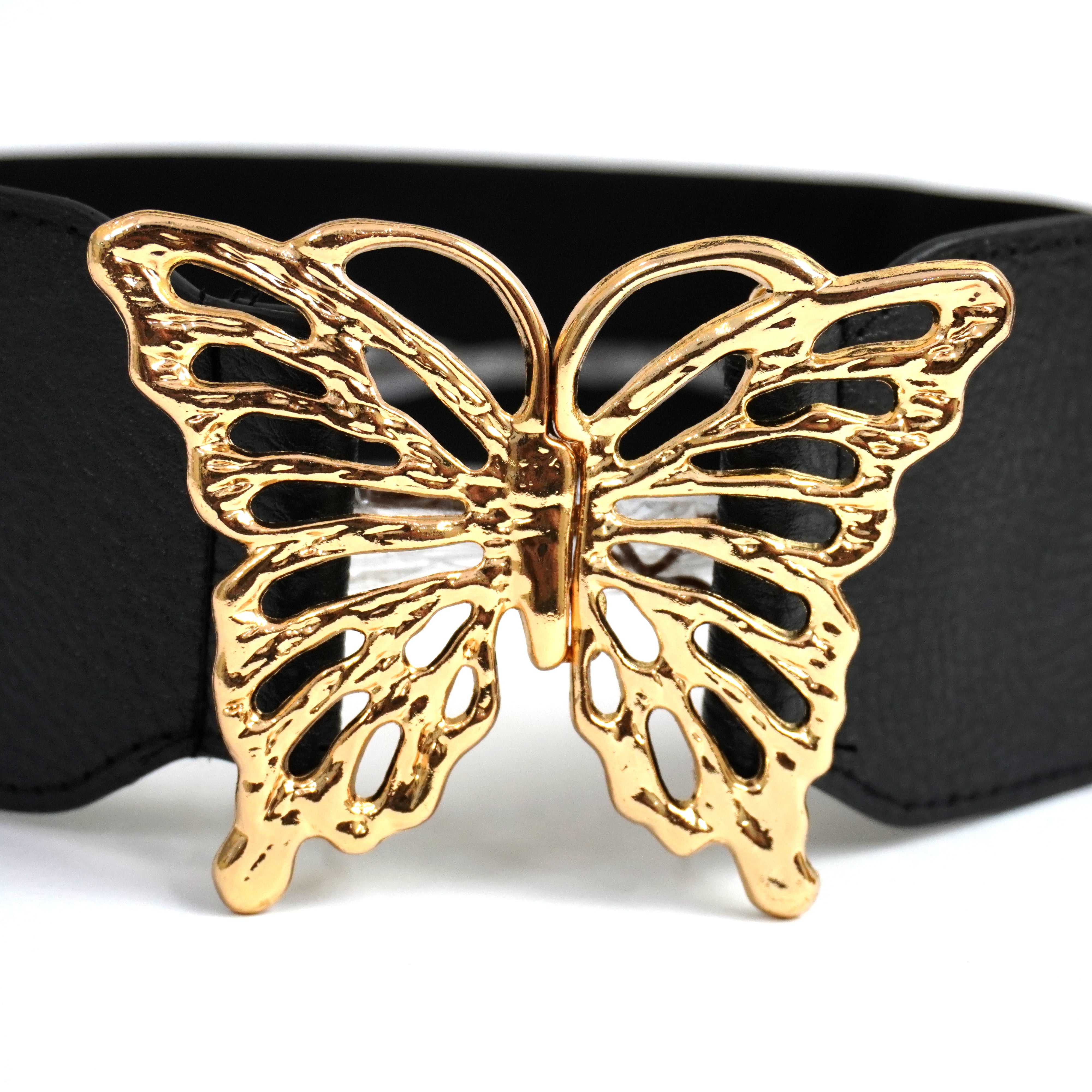 Black Embellished Butterfly Buckle Elastic Waist Belt