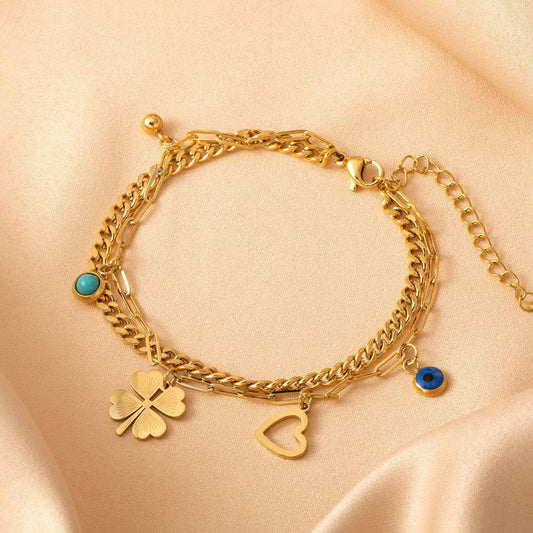 Layered Charm Chain Bracelet (Gold Tone)