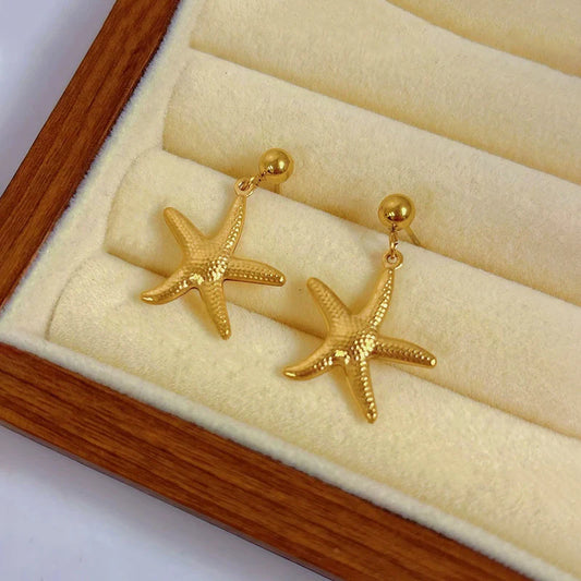 Starfish Charm Drop Earrings in Gold Tone