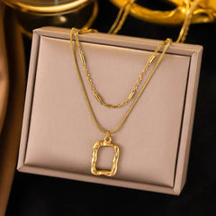 Layered Abstract Frame Pendant Necklace (Gold Tone)