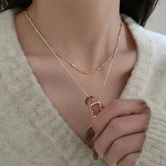 Layered Abstract Frame Pendant Necklace (Gold Tone)