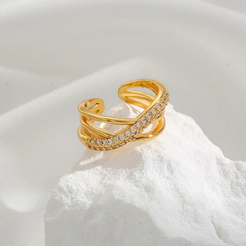 Criss-Cross Crystal Open Ring (Gold Tone)