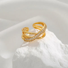 Criss-Cross Crystal Open Ring (Gold Tone)