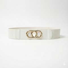 White Elastic and Faux Leather Wide Belt with Interlocking Gold Buckle