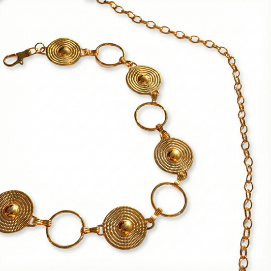 Women's Gold-Toned Geometric Disc Chain Belt | Adjustable Metal Waist Chain with Spiral Texture for Dresses & Sarees