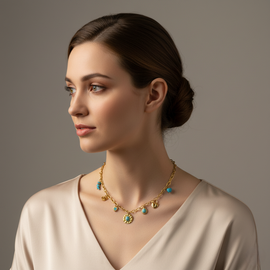 Turquoise Charm Link Necklace (Gold Tone)