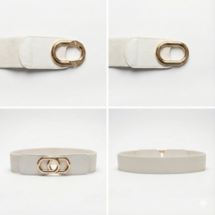 White Elastic and Faux Leather Wide Belt with Interlocking Gold Buckle