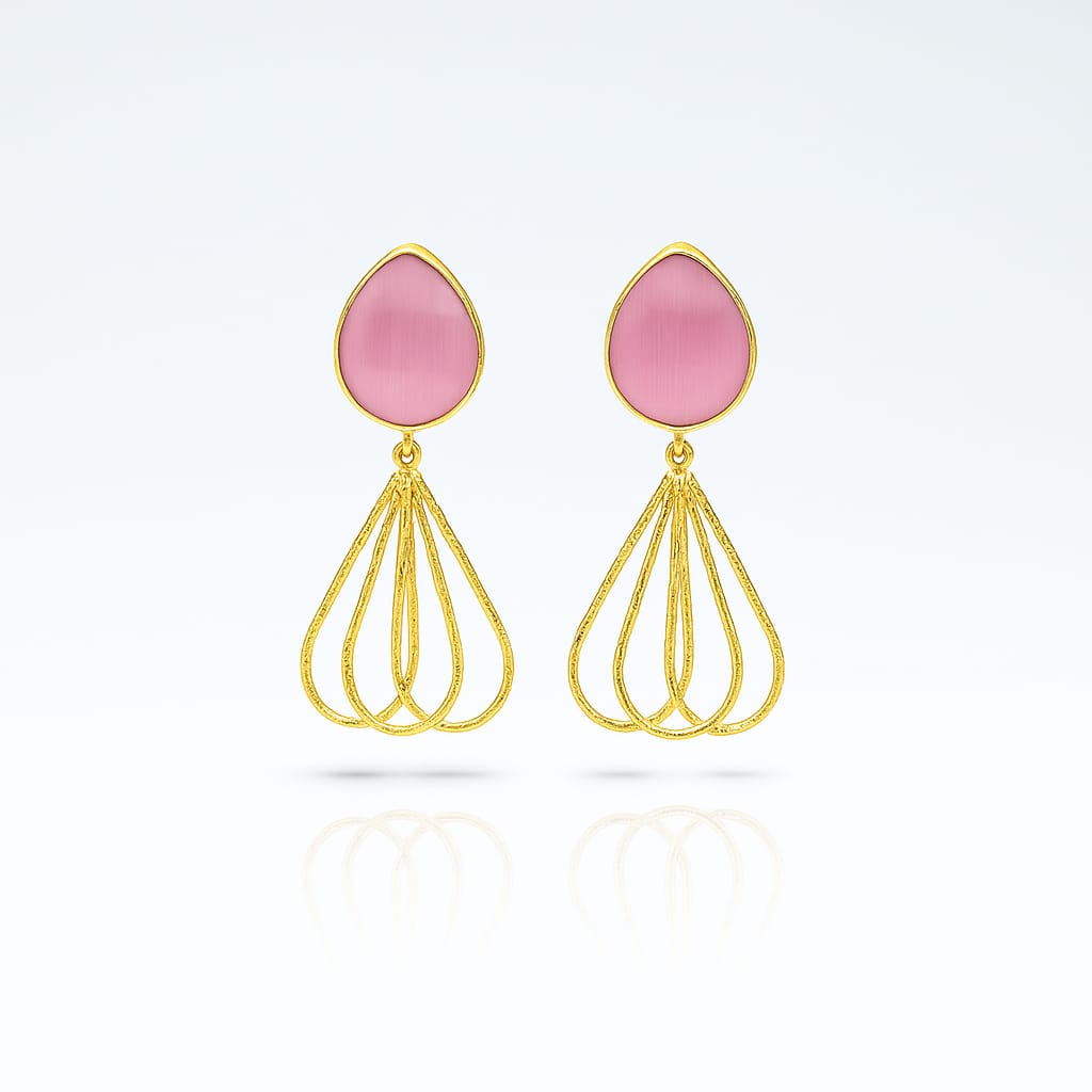 Pink Teardrop Stone & Gold Filigree Drop Earrings