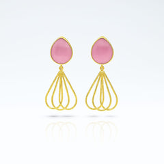 Pink Teardrop Stone & Gold Filigree Drop Earrings