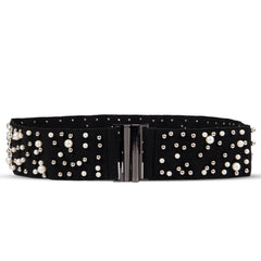 Faux Pearl Decor Wide Black Belt