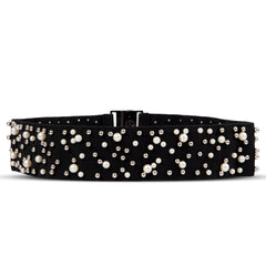 Faux Pearl Decor Wide Black Belt