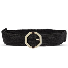 Black Leather Women Belt With Hexagonal Buckle