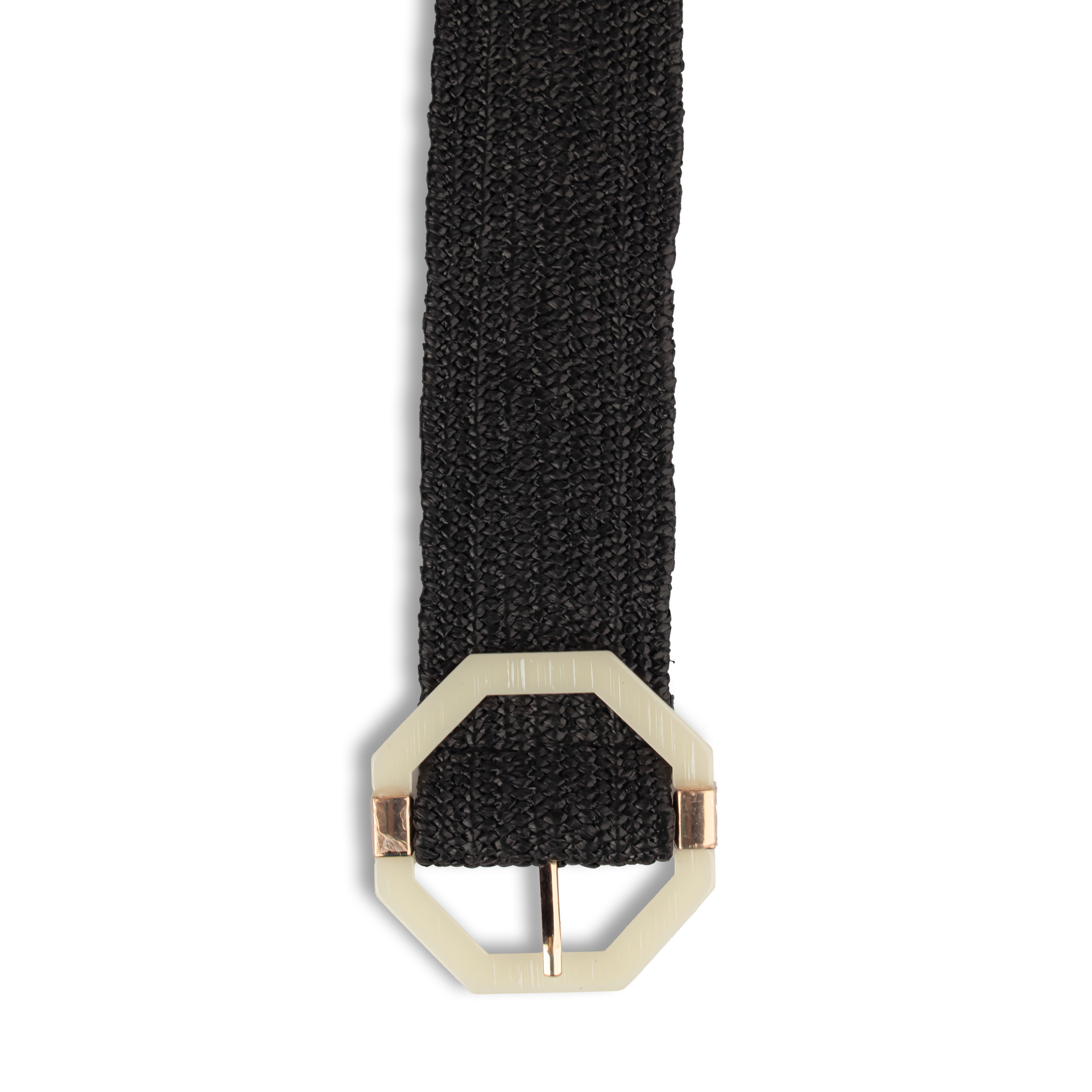 Black Leather Women Belt With Hexagonal Buckle