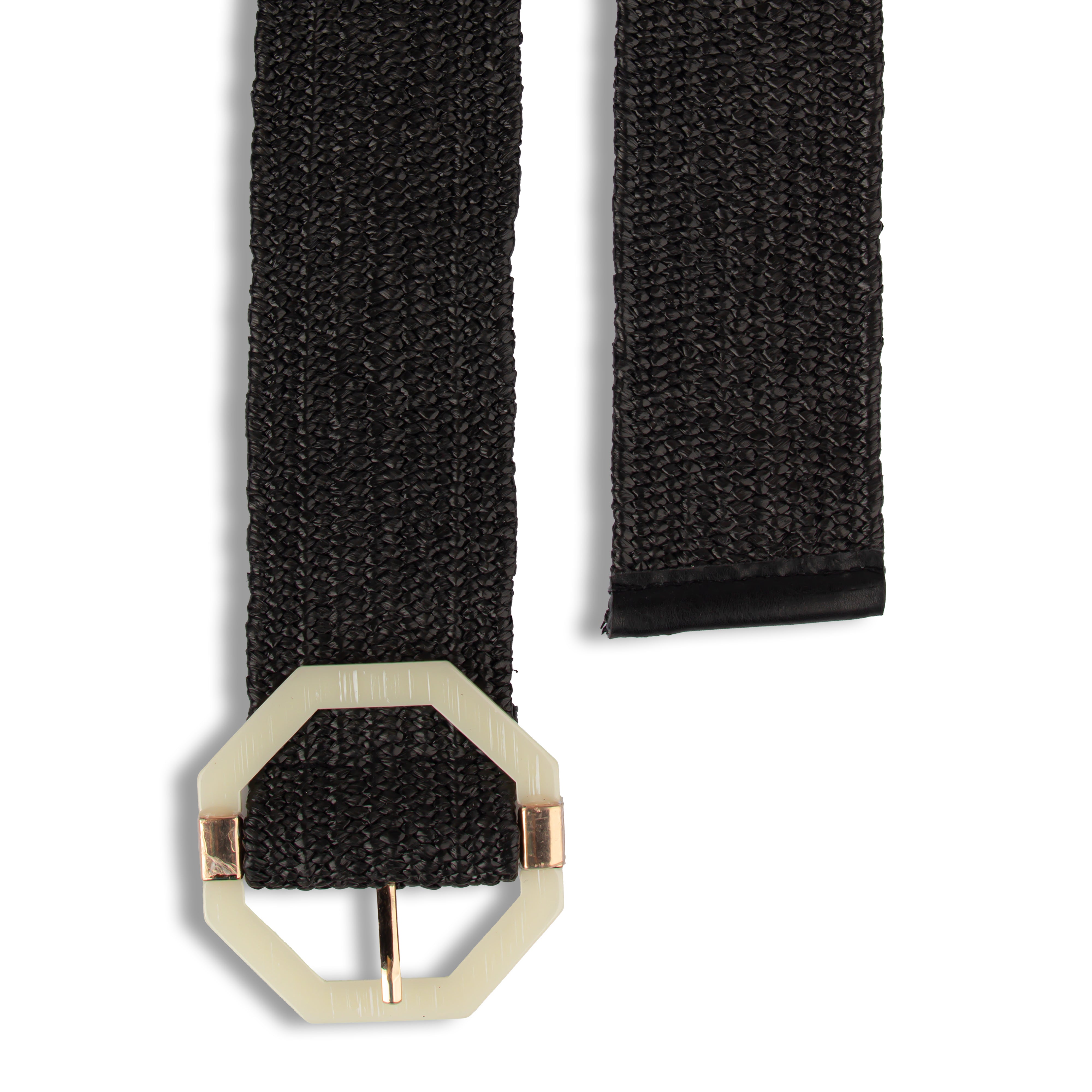 Black Leather Women Belt With Hexagonal Buckle